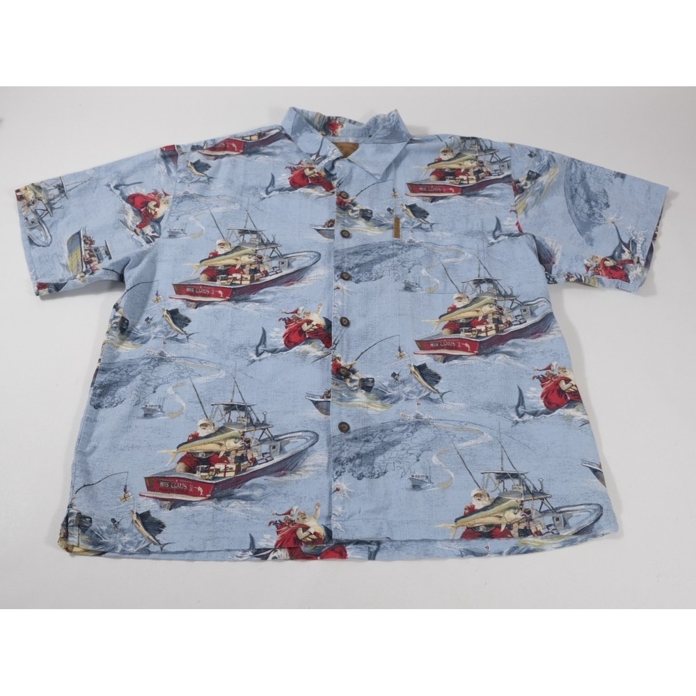 North River Button Up Mens XL Blue Santa Fishing Christmas Shirt Short Sleeve